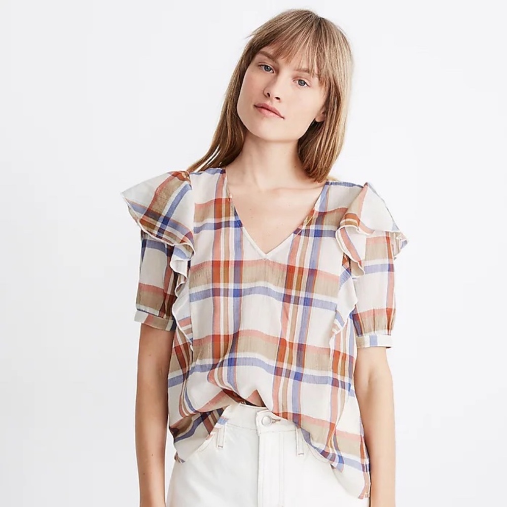 Madewell V-Neck Shoulder-Ruffle Top in Plaid